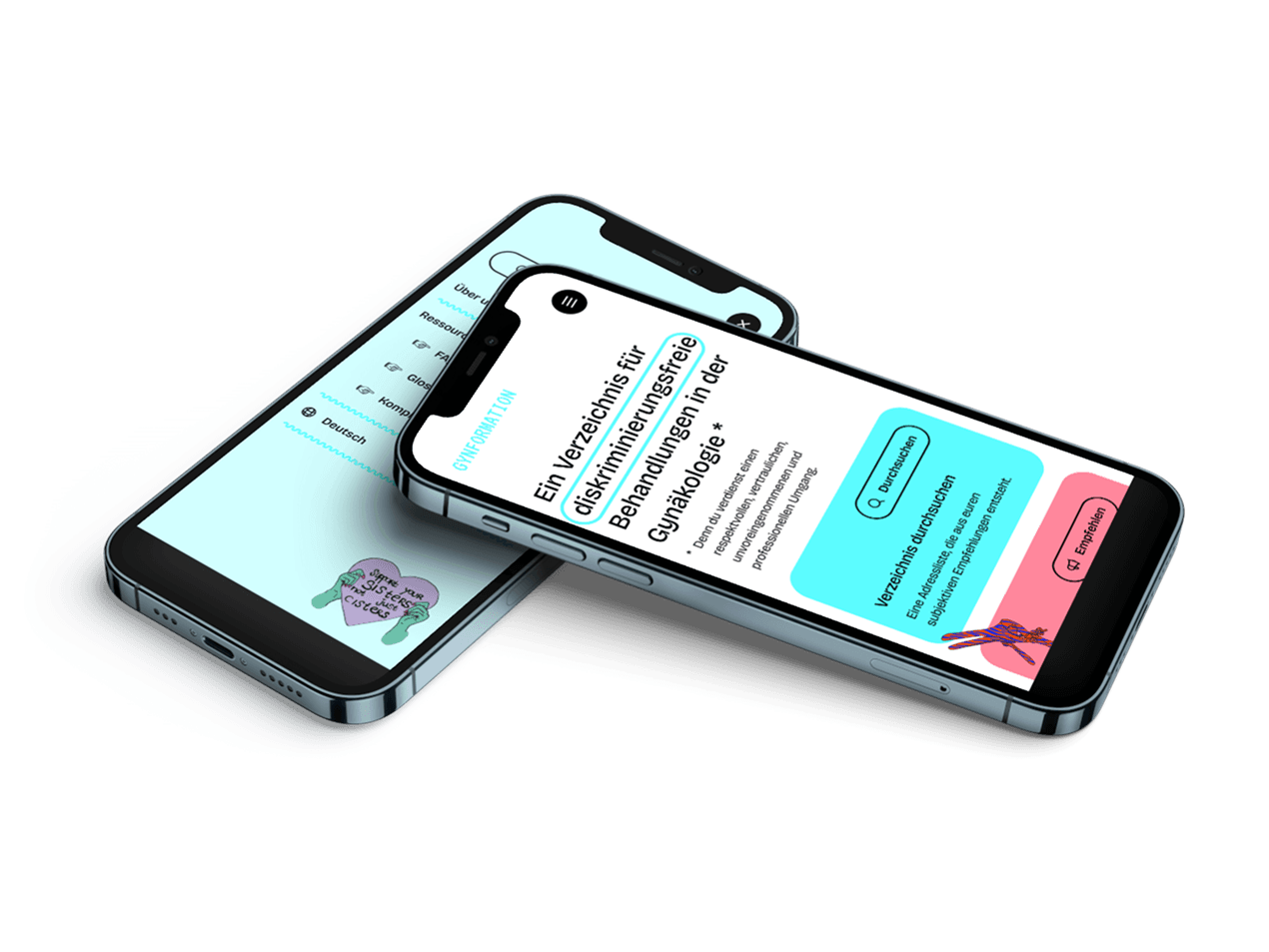 Mockup mit zwei liegenden Smartphones die Screens des Redesigns der Gynformation Webseite