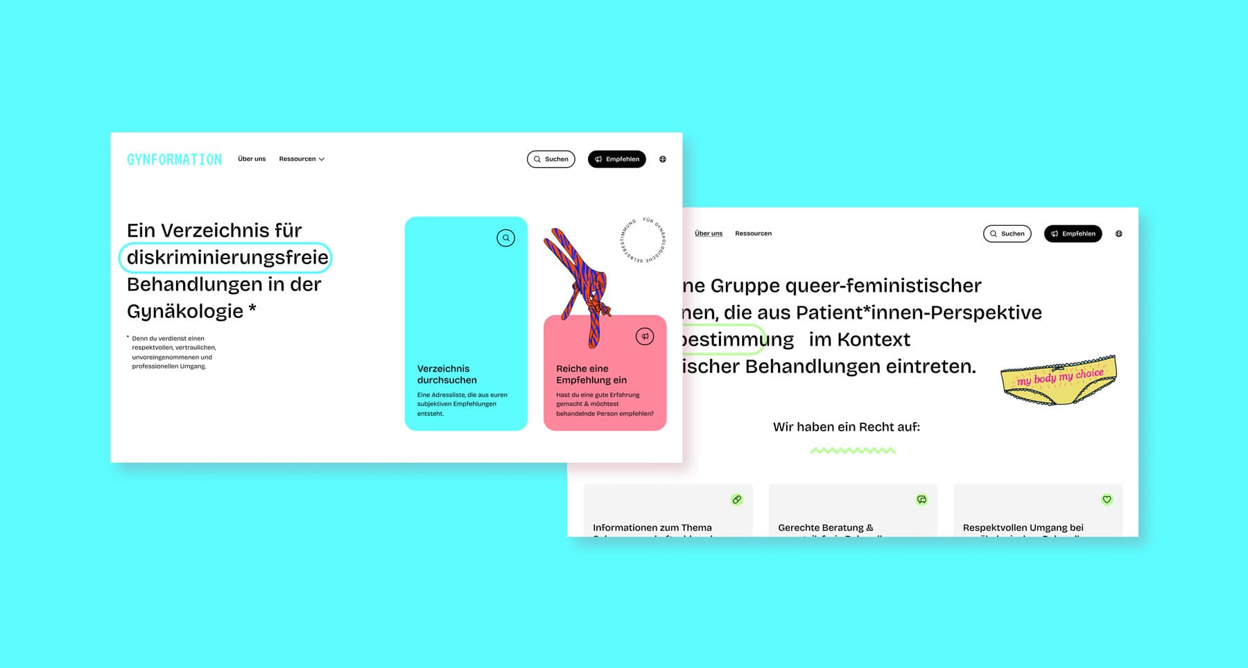 Zwei Desktopscreenshots des Redesigns der Gynformation Webseite