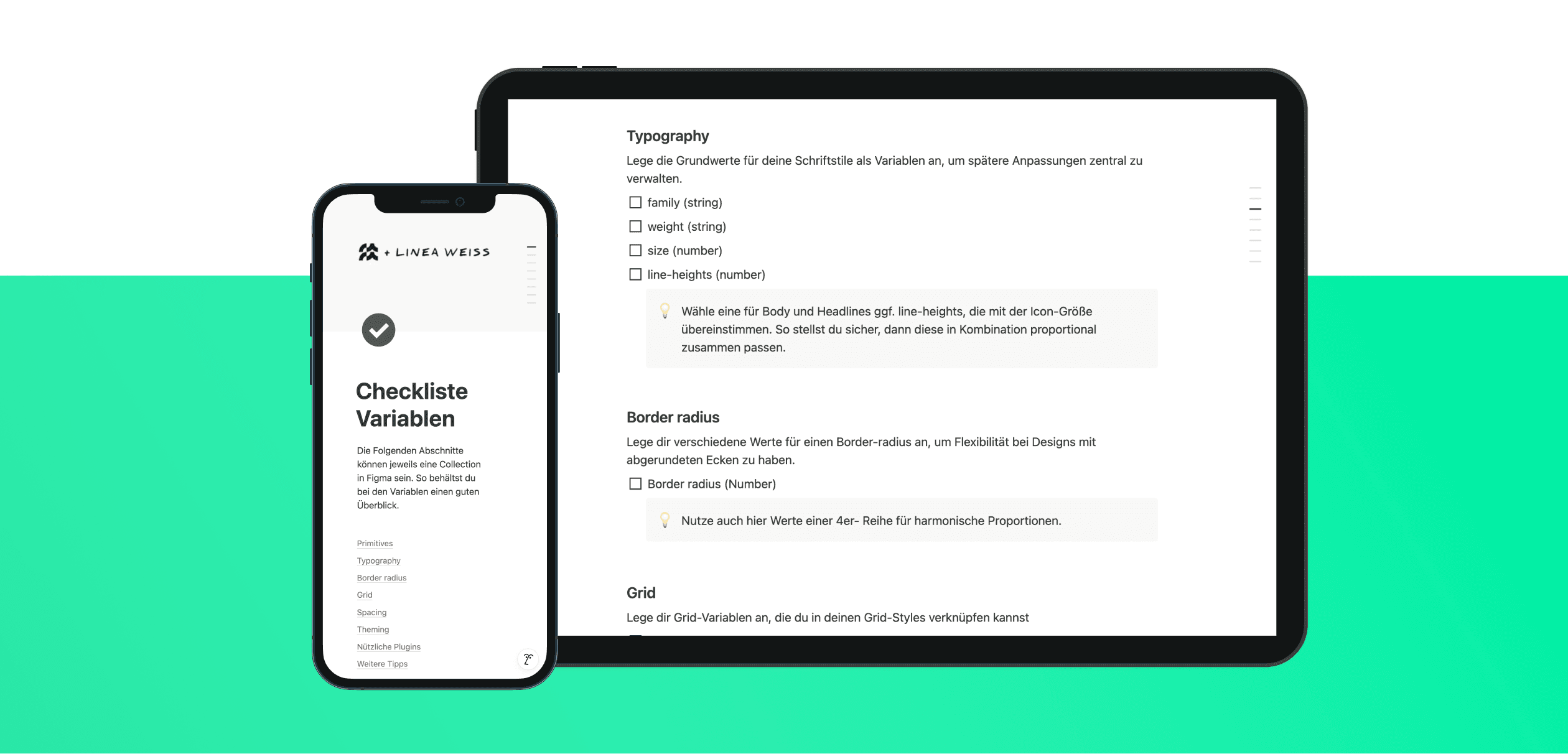 Smartphone und Tablet mit Vorschau einer Checkliste zur Erstellung von Figma-Variablen