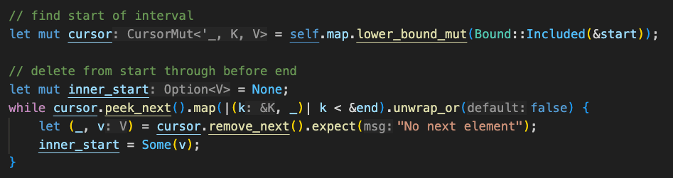 Code, der einen Cursor nutzt, um Elemente aus einer BTreeMap zu entfernen.